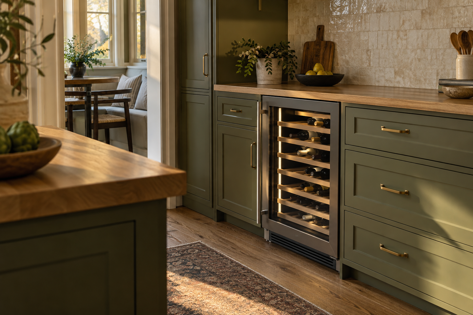 Illustrative Monogram wine cooler in a residential kitchen — AI image for Viking Repair Ardsley
