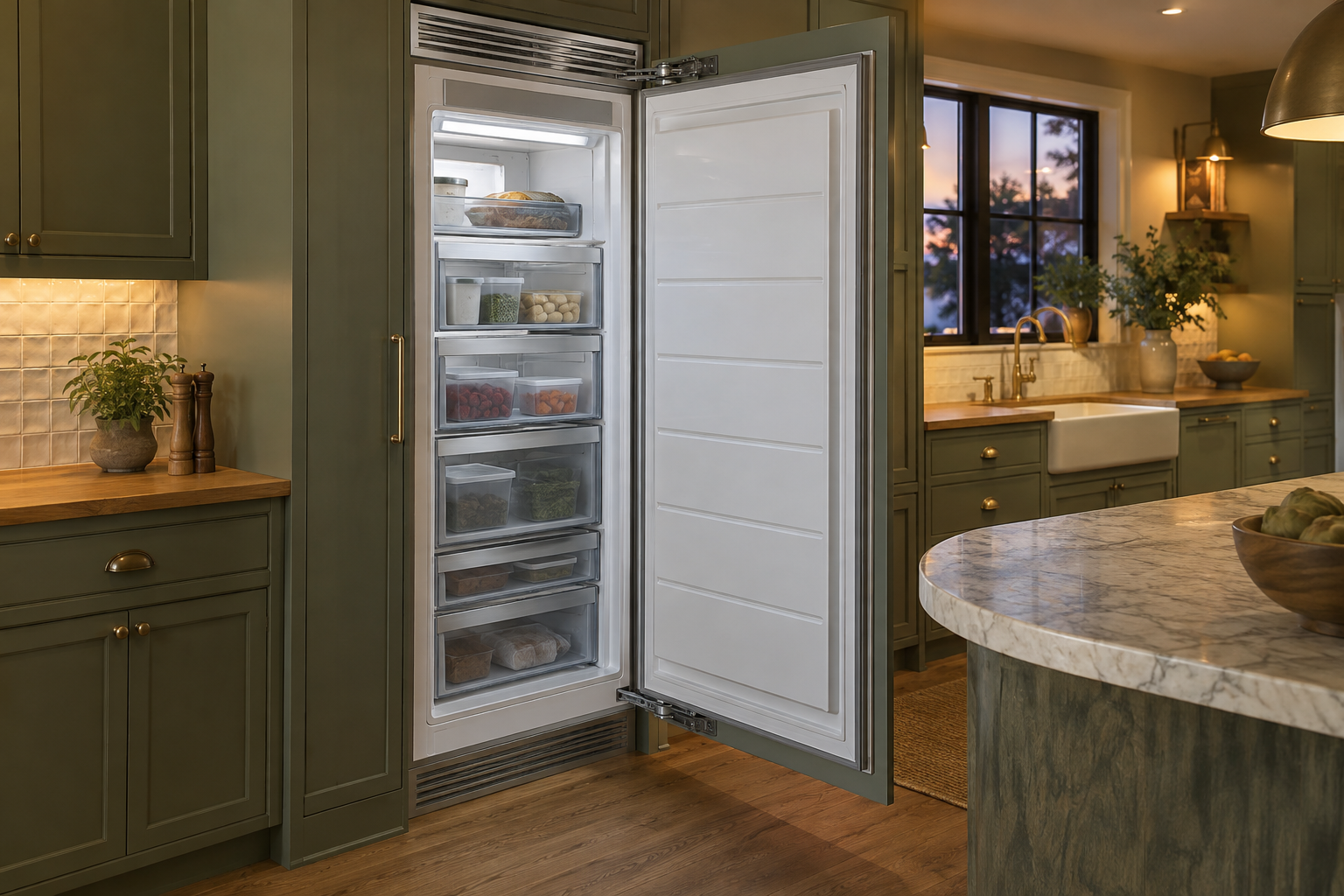 Illustrative Sub-Zero freezer in a residential kitchen — AI image for Viking Repair Ardsley
