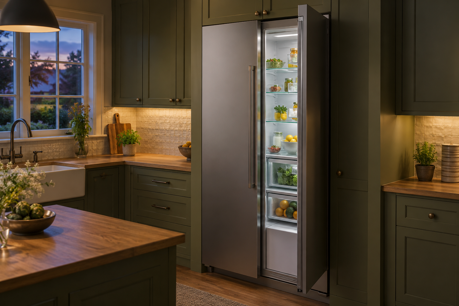 Illustrative Monogram refrigerator in a residential kitchen — AI image for Viking Repair Ardsley