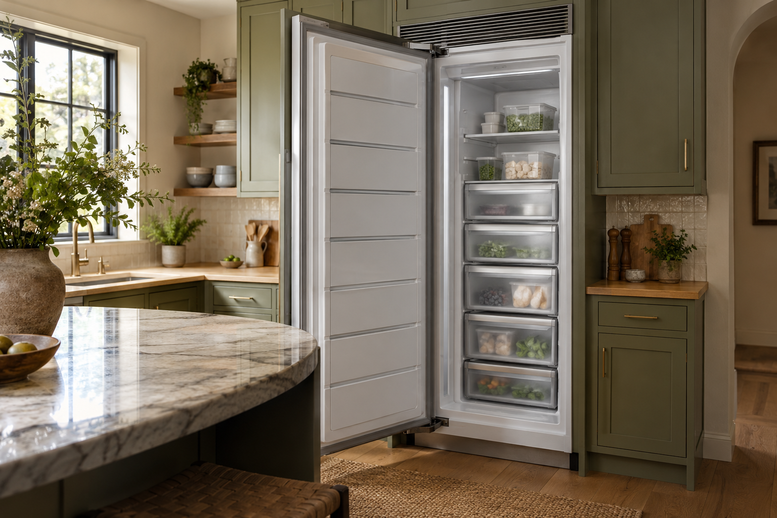 Illustrative Sub-Zero freezer in a residential kitchen — AI image for Viking Repair Ardsley