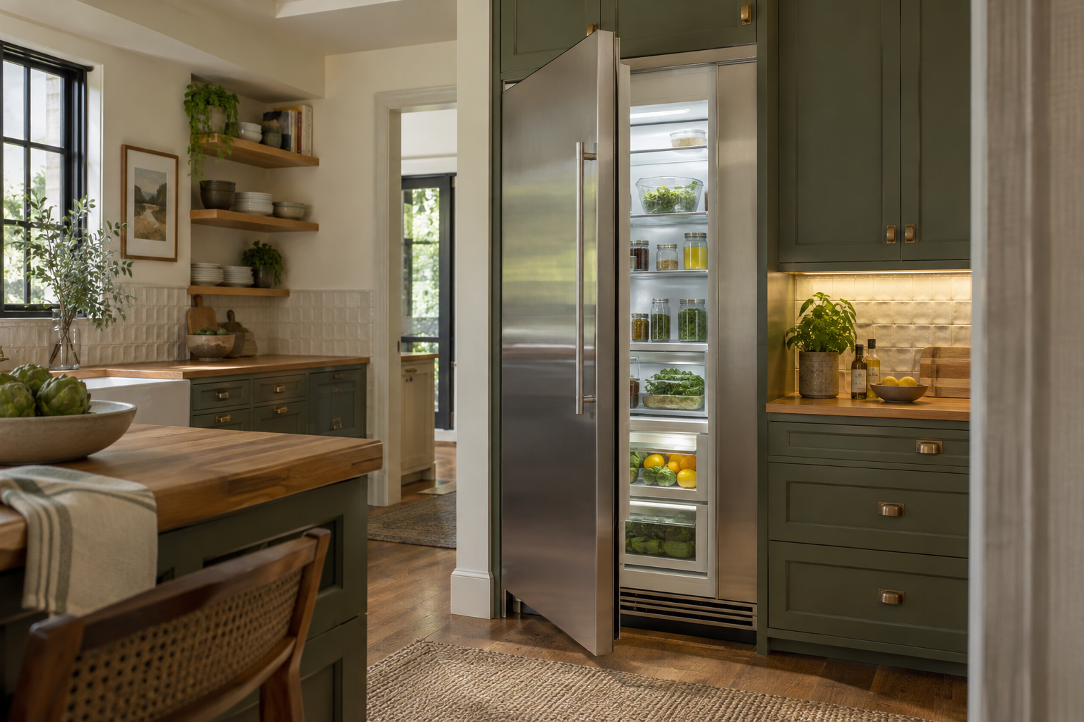 Illustrative Monogram refrigerator in a residential kitchen — AI image for Viking Repair Ardsley