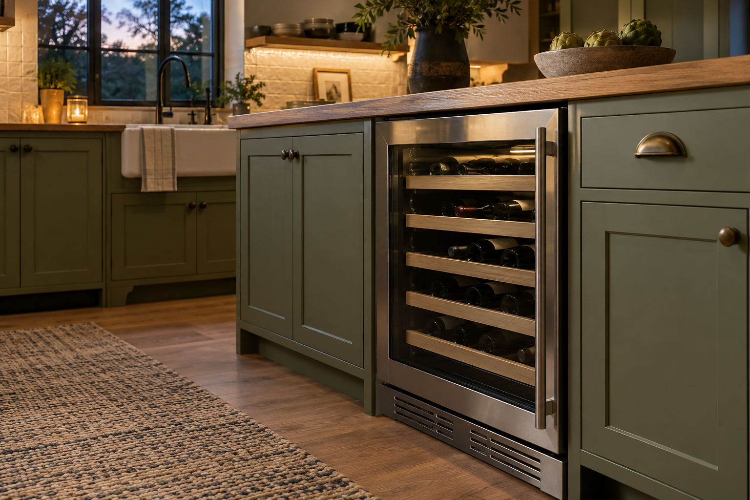 Illustrative Monogram wine cooler in a residential kitchen — AI image for Viking Repair Ardsley