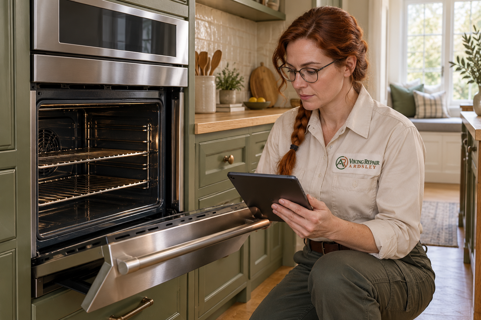 Fictional technician beside a Thermador oven — AI illustration for Viking Repair Ardsley