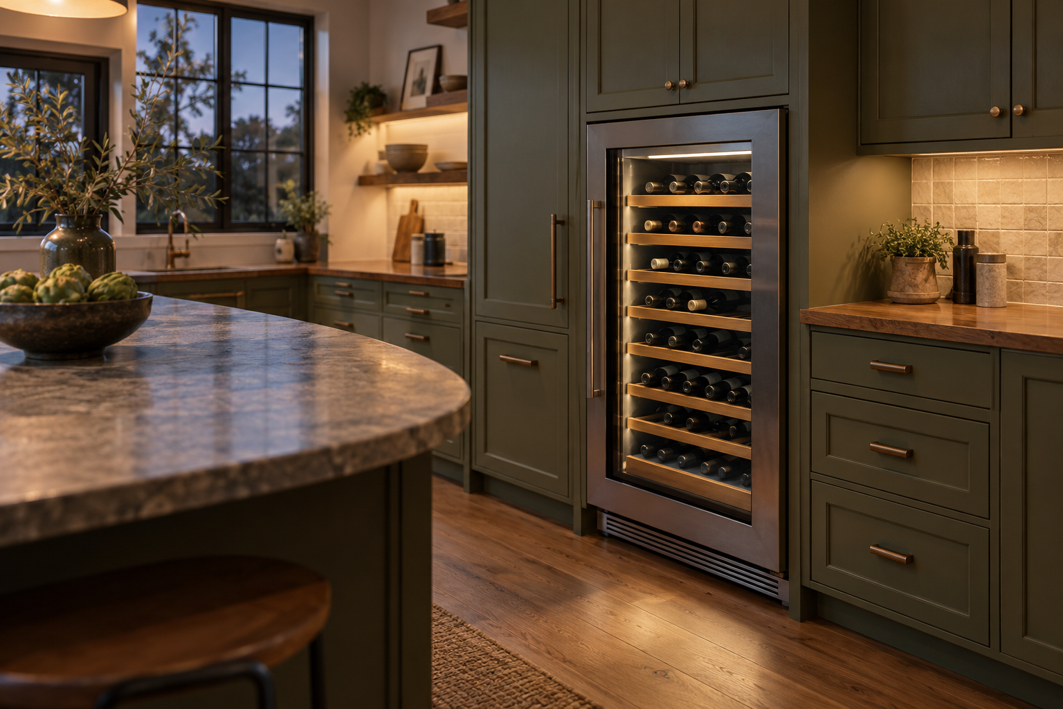 Illustrative Viking wine cooler in a residential kitchen — AI image for Viking Repair Ardsley